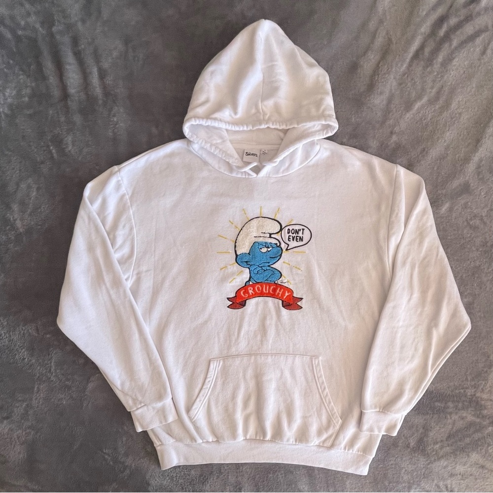 The SMURFS Hoodie Sweatshirt Unisex Large White Patch Appliqué Graphic GROUCHY